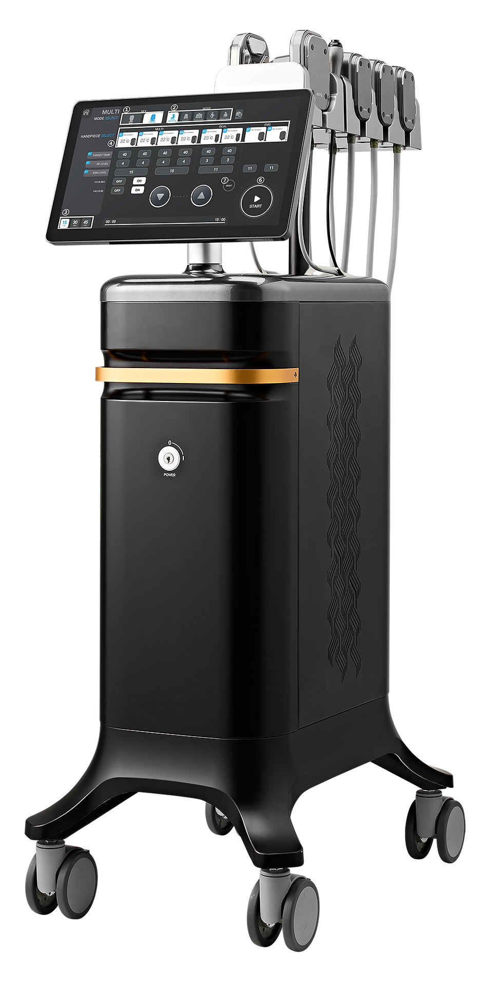 The MNML Tone: a Black medical device on wheels with a touchscreen displaying settings. It has a sleek design and multiple attachments on top.