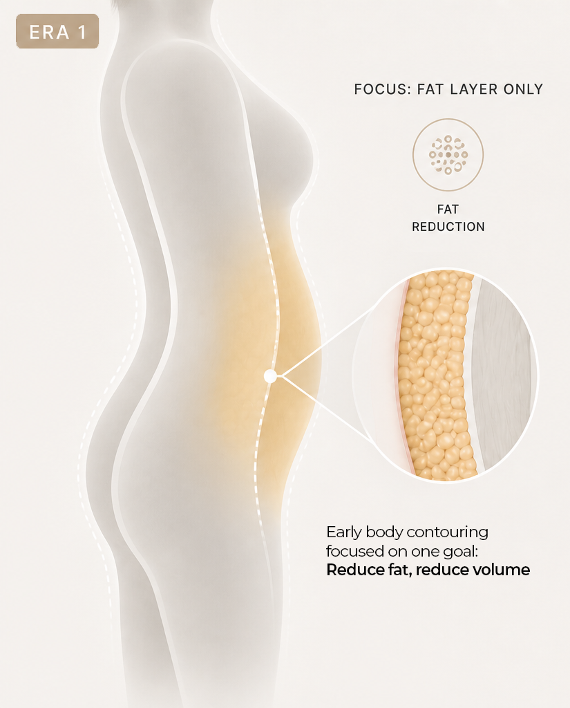 Illustration of early body contouring focused only on the fat layer, showing a side-body silhouette with a highlighted fat-reduction treatment area.