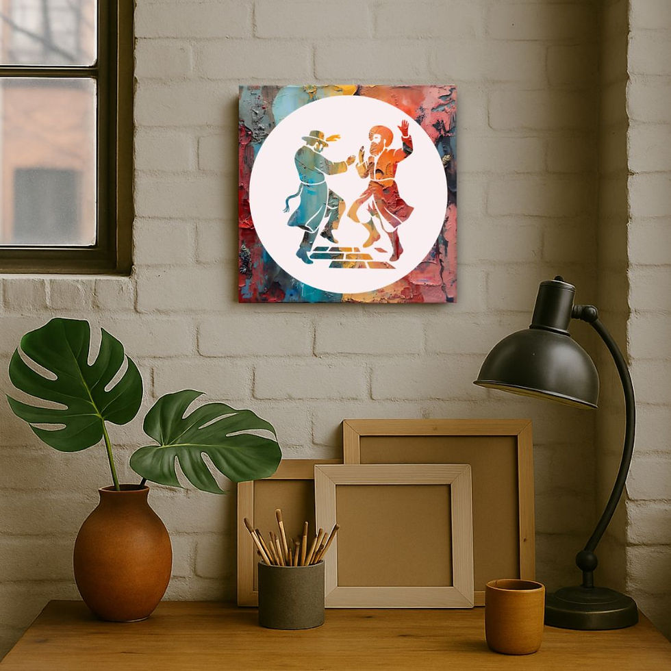 Painted Simchas Chassidim Jewish painting kit showing two dancing Hasidic men - a creative DIY Jewish art activity - Judaica