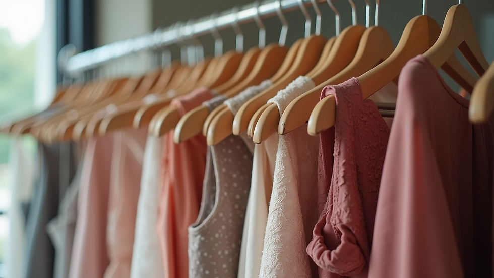 Close-up view of a beautifully arranged rack with rental dresses