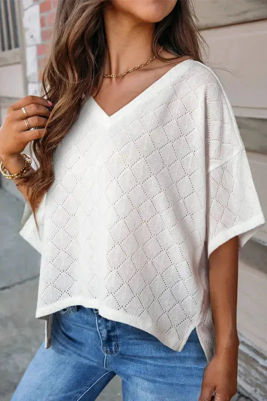 White V-Neck Knitted Flowy Blouse