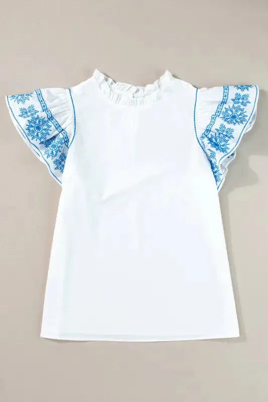 Belle Blouse - White Embroidered Ruffled Sleeve Frilled Collar