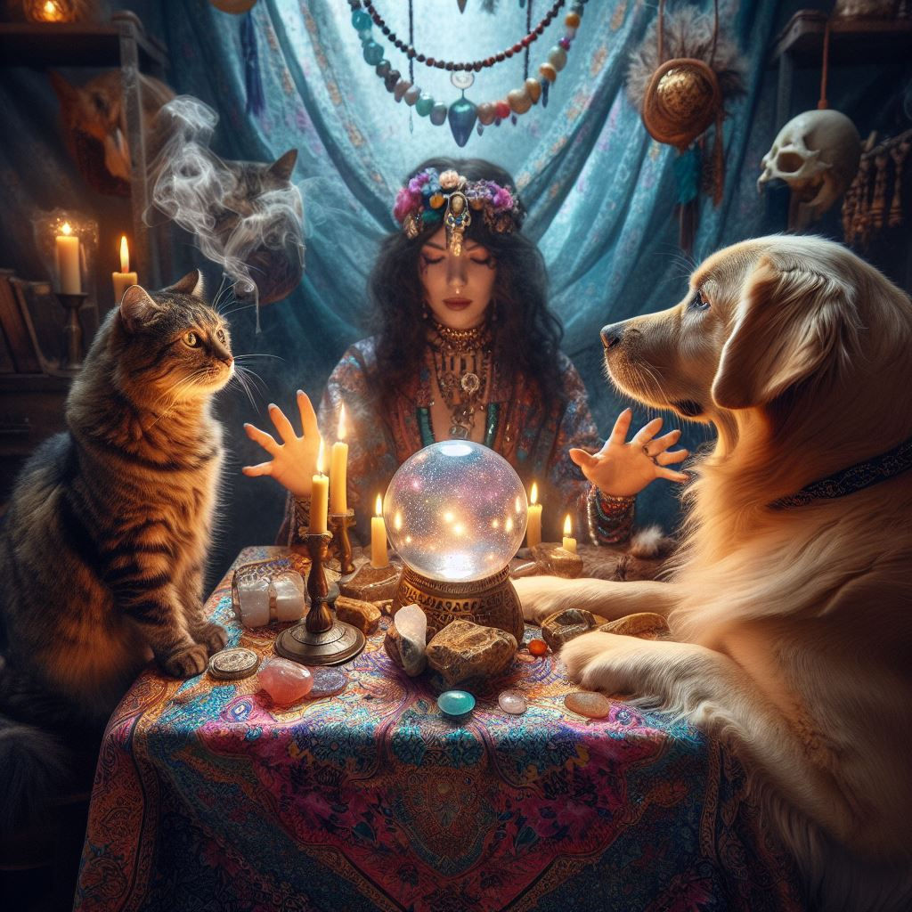 Animals and pets surrounding table as a reading is done