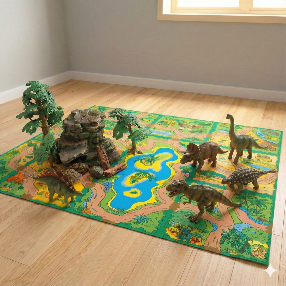A play area featuring a floor mat printed with a prehistoric landscape, populated with plastic dinos