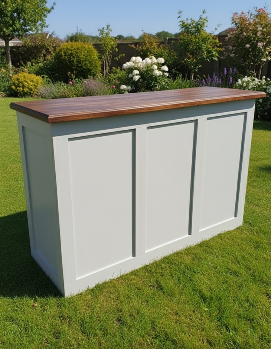 A freestanding light grey bar counter with a dark wood top and paneled sides, positioned on a green