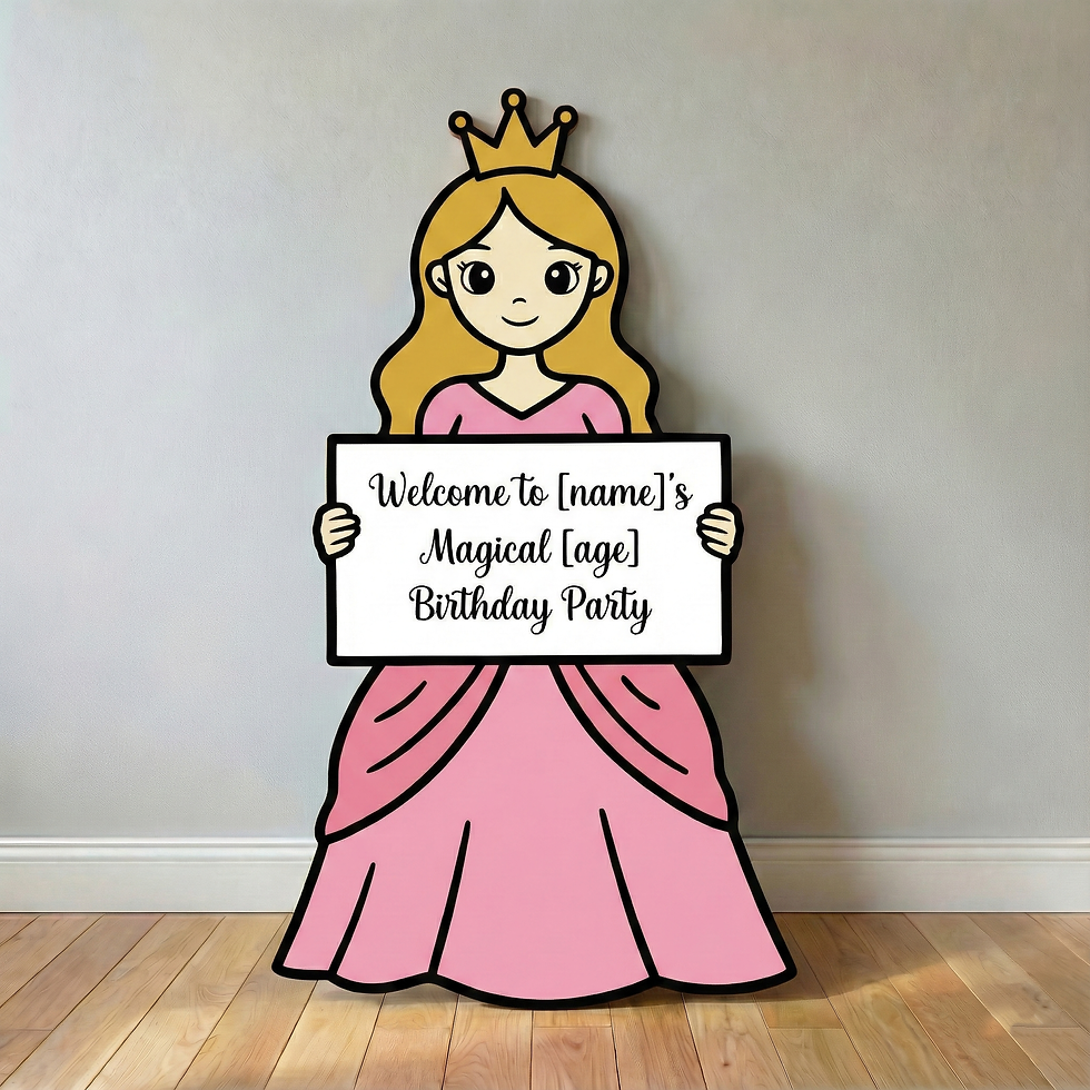 Blonde Princess Sophia character cutout holding a personalised party welcome sign.