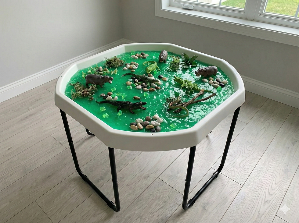 A hexagonal sensory table on a stand filled with green slime or water beads and small animal figures