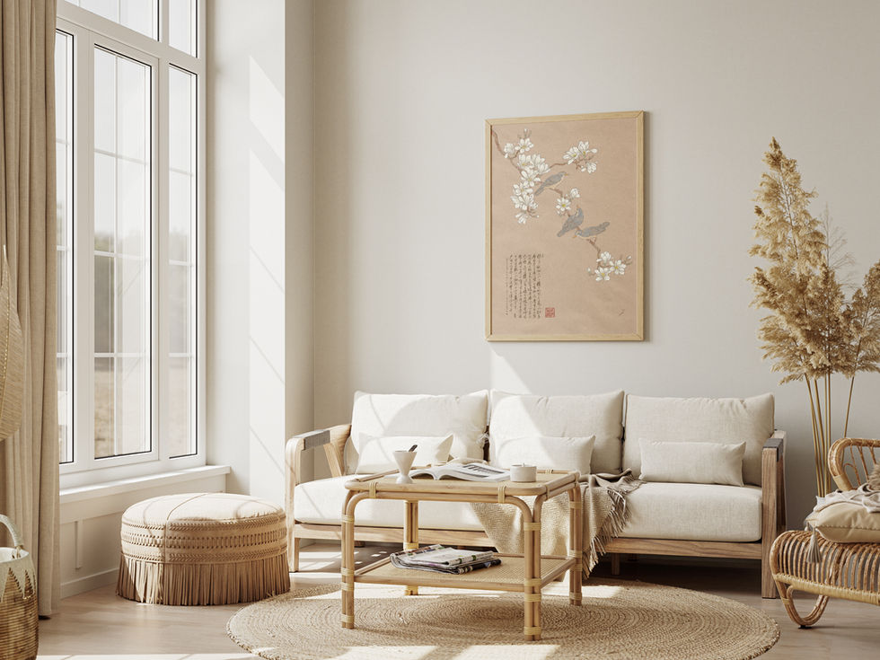 Japán stílusú poszter madarakkal, virágokkal és kalligráfiás idézettel