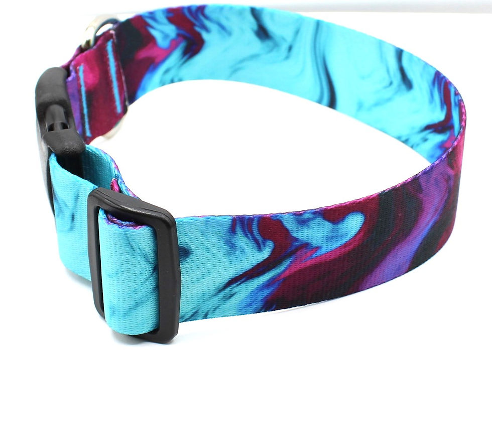 Thumbnail: Purple and Teal Paint Swirl Polyester Dog Collar Hardware View