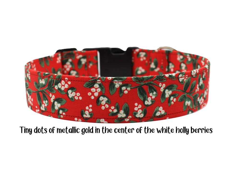 Thumbnail: Handmade adjustable mistletoe dog collar on red fabric showing the metallic dots on fabric