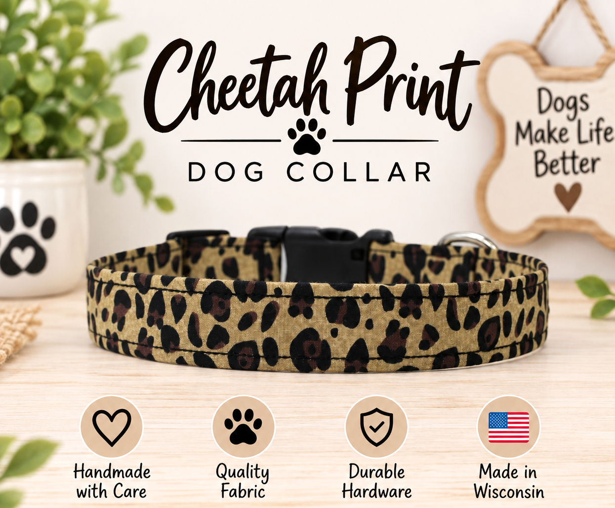 Cheetah Print Dog Collar Front View