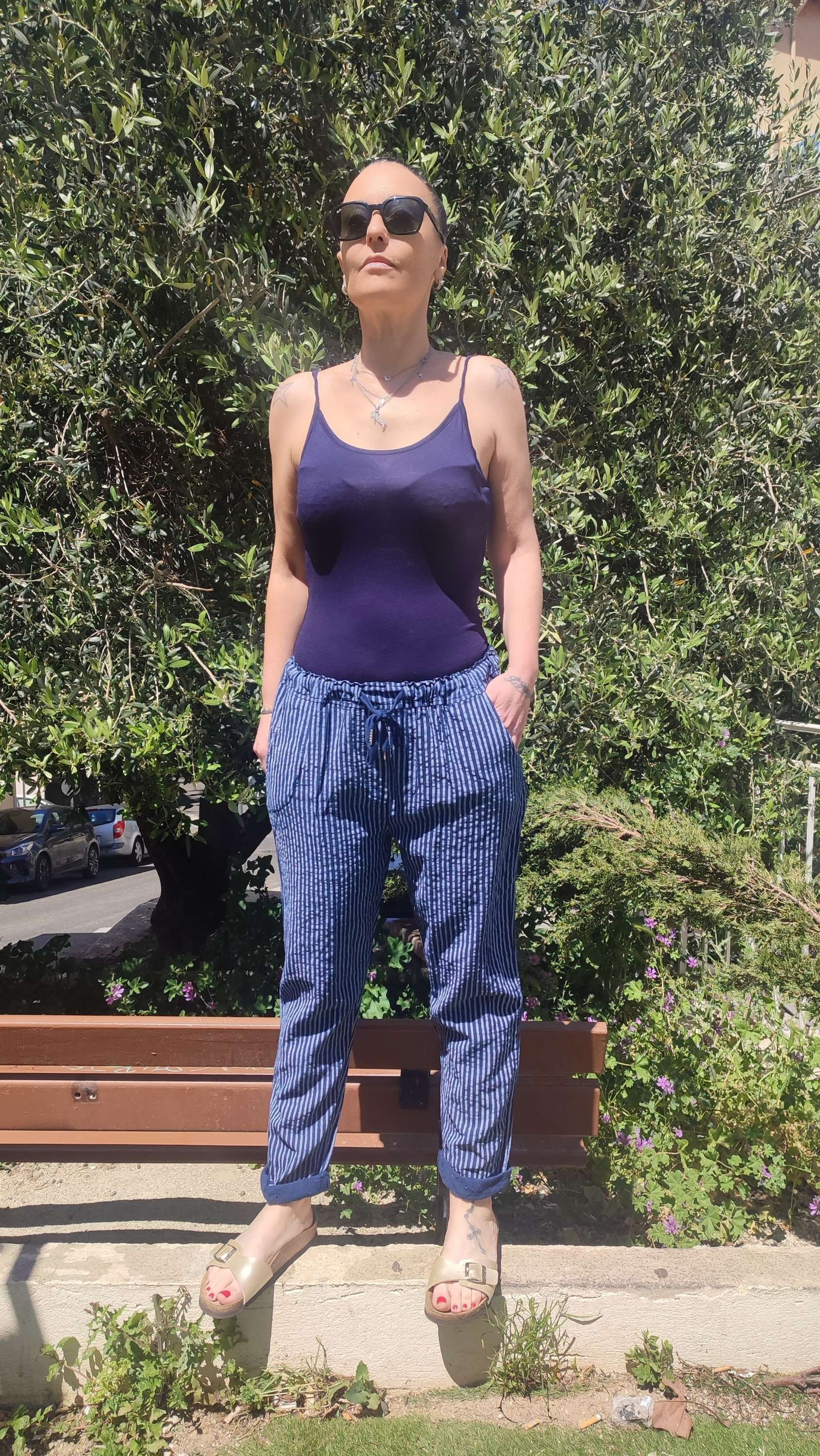 Pantalon rayé bleu marine coton/lin