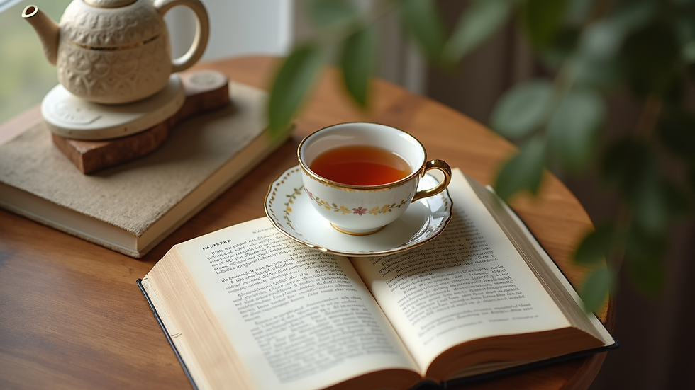 High angle view of a cozy corner with wellness books and a cup of herbal tea