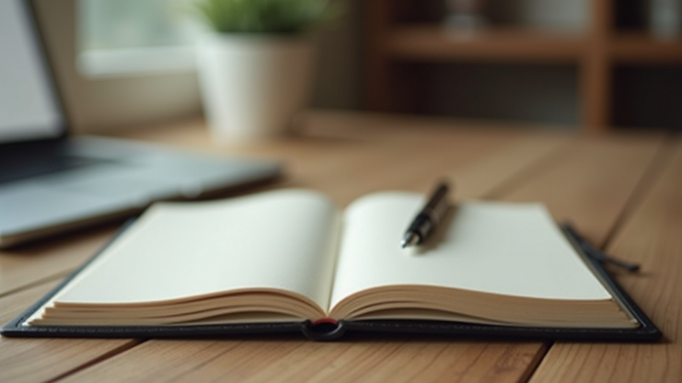 Close-up view of a notebook and pen on a wooden table for journaling