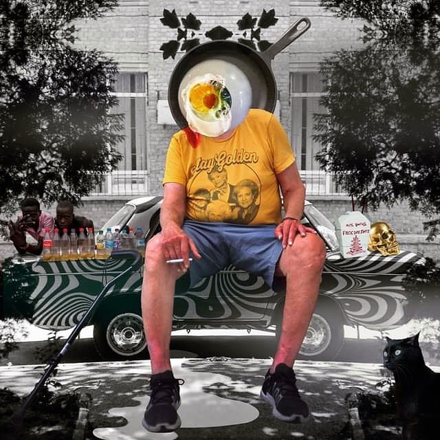 Surreal collage of a man sitting on a car with an eyeball and fried egg replacing his face, surrounded by objects including bottles, a cat, a cane, takeout food, and a skull, set against a grayscale apartment building.