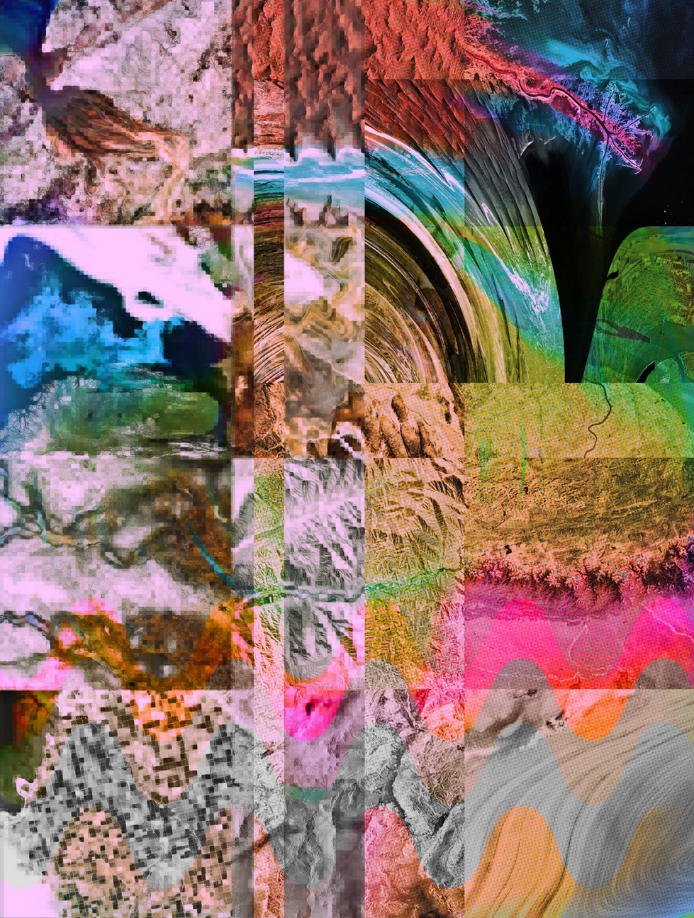 Collage background of oversaturated terrain images arranged in a grid of squares and stripes, with sections blending and warping into each other.