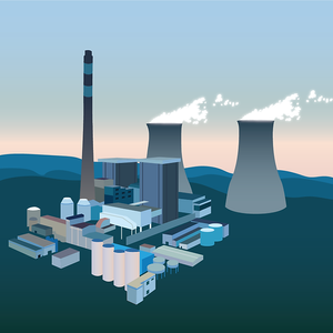 An artistic depiction of a nuclear power plant, showing the complex structure and machinery.