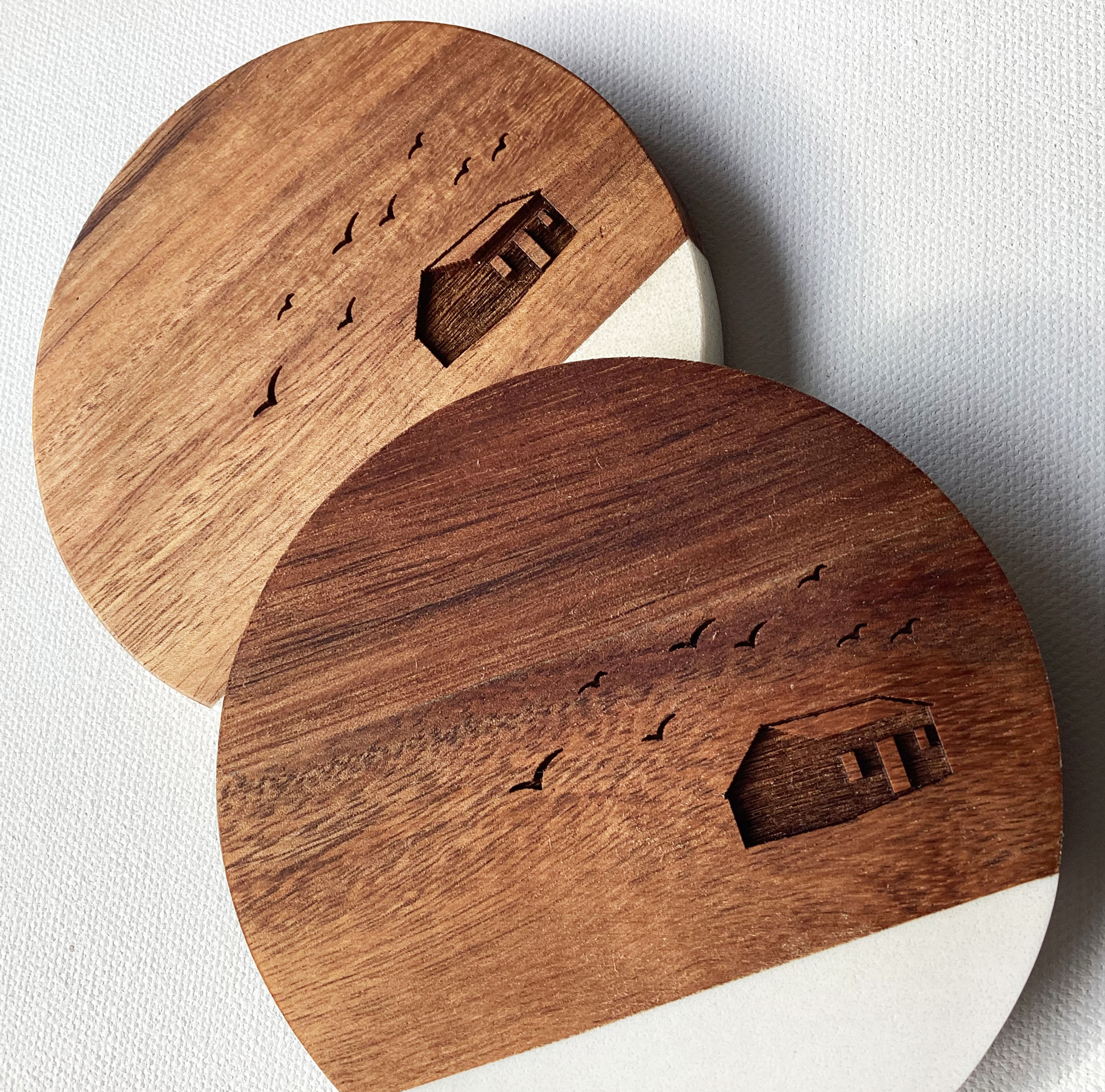 Rye Harbour Engraved Acacia and Marble Coasters