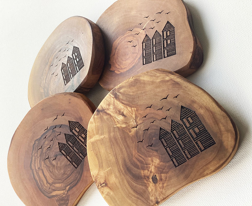 Thumbnail: Hastings Fishing Huts Engraved Olive Wood Coasters – Handmade Gift