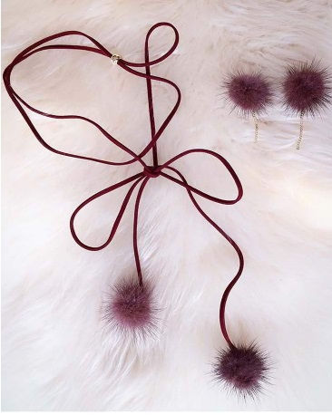 Thumbnail: Pompom Mink Hair Ball Long Necklace Winered