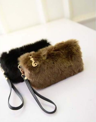 Thumbnail: Wallet Rabbit Fur Hand Carry Small Bag Black