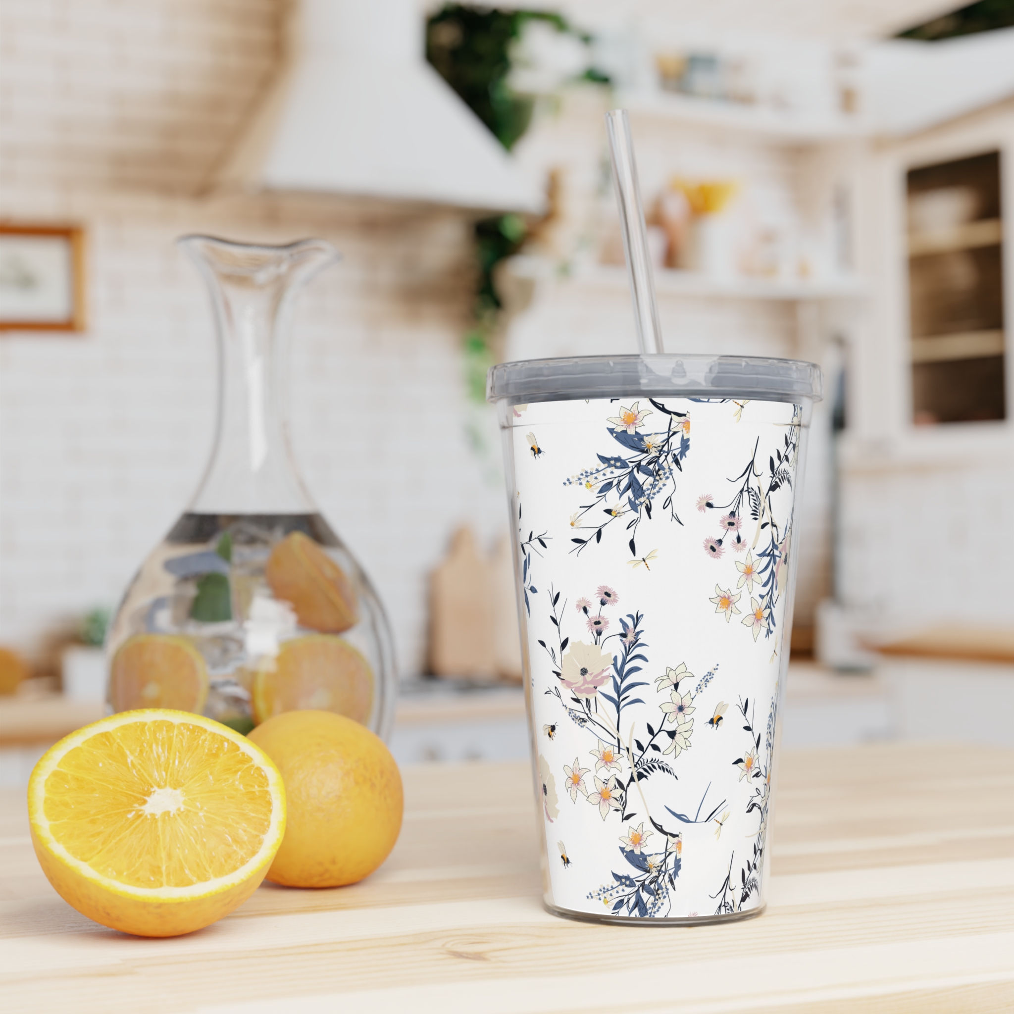 Blue and White Floral - 20 oz Tumbler with Straw