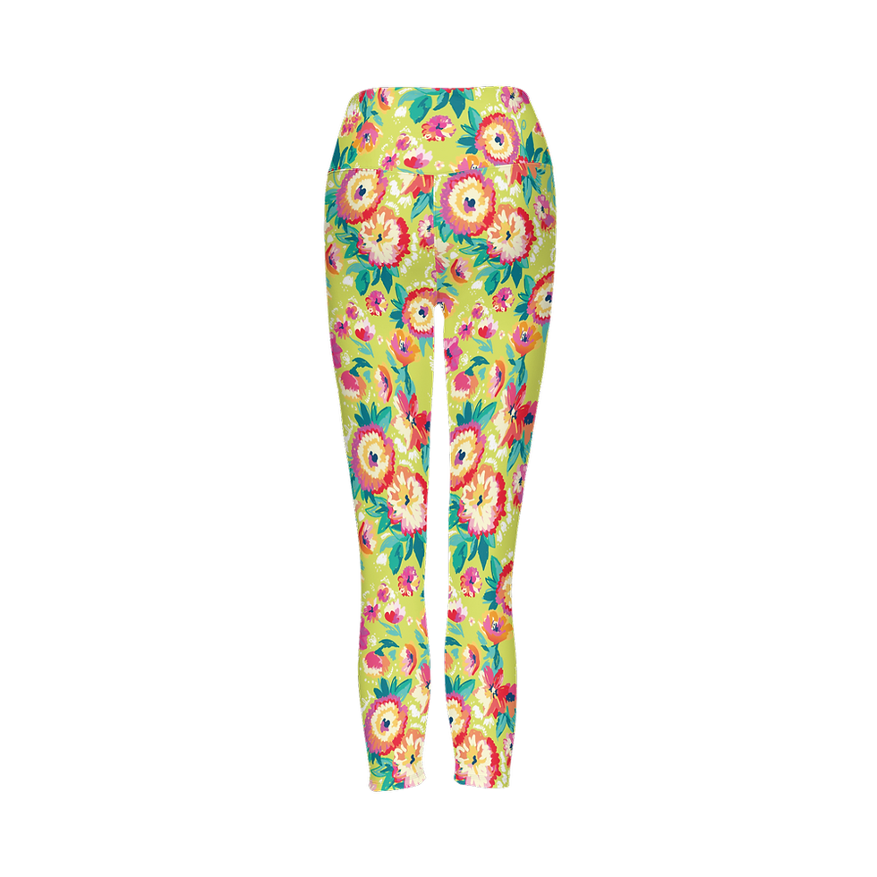 Thumbnail: Bright Pink and Green Floral Cloud-Like Leggings