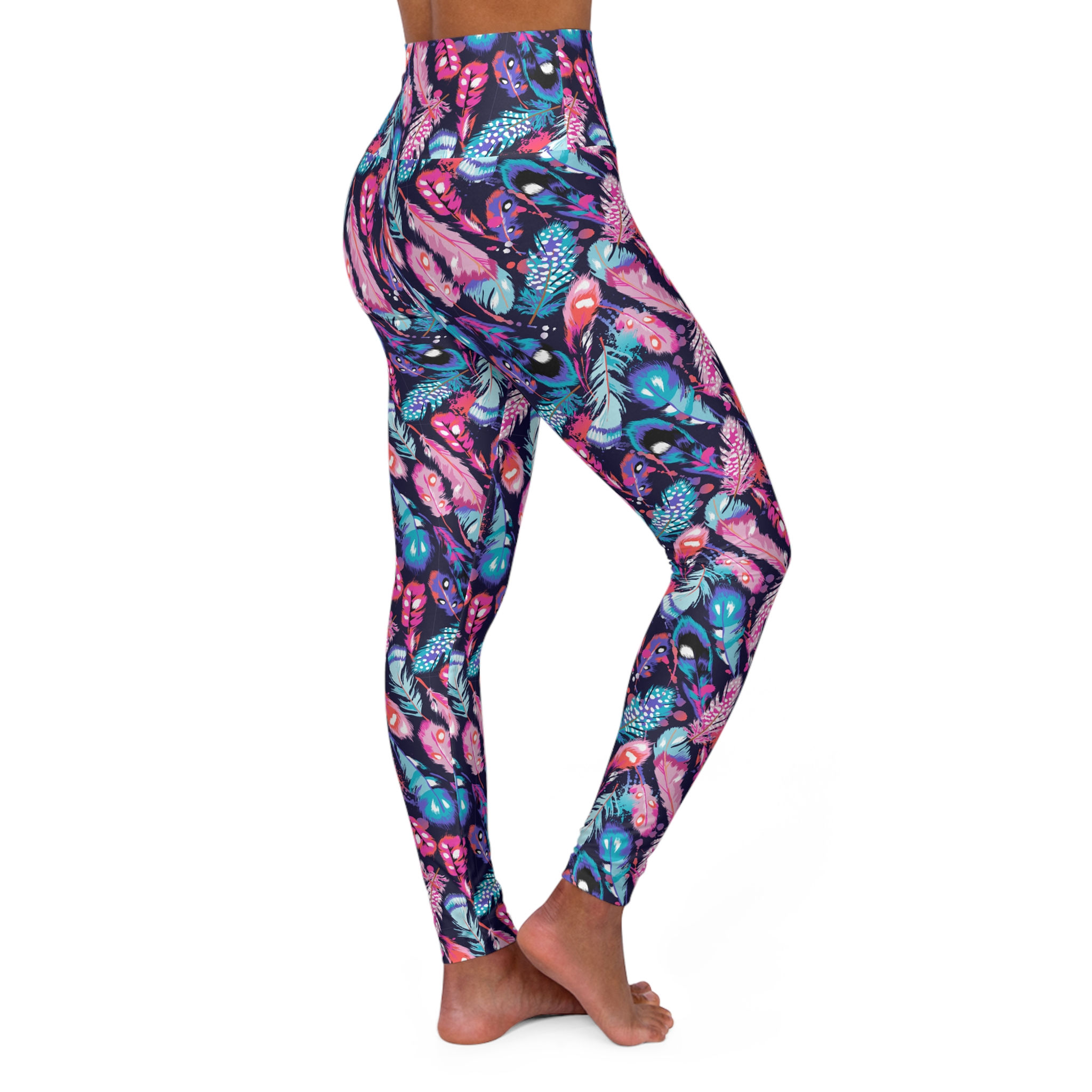 Bright Watercolor Feathers - High Waisted Yoga Leggings