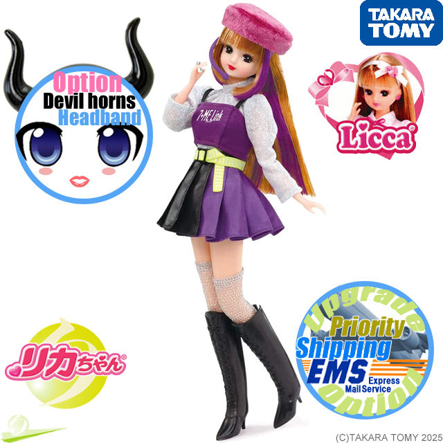 Full-body angled view of # Licca # Popteen Doll with one hand slightly raised, back arched, surrounded by decorative logos.