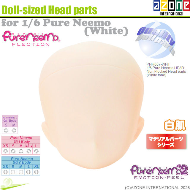 Миниатюра: Azone PNH007-WHT white non-flocked head parts for 1/6 Pure Neemo dolls, shown with compatibility chart divided into 3 types.