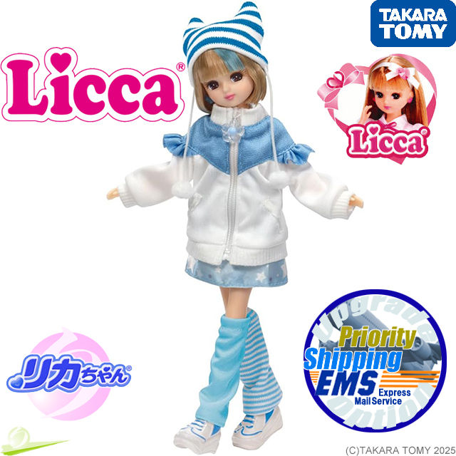 Full-body view of Licca LD-17 Harajuku Subculture Girl walking with arms spread, seen slightly angled, with decorative logos.