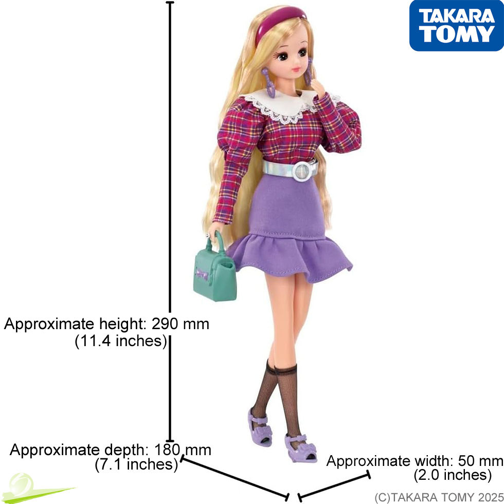 Miniaturbild: Full-body view of Takara Tomy Licca-chan #LadyRetro doll walking with handbag, showing height, width, and depth measurements.