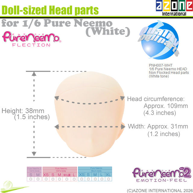 Miniatura: Azone PNH007-WHT white head parts for 1/6 Pure Neemo dolls, shown with measurements, compatibility chart divided into 3 types