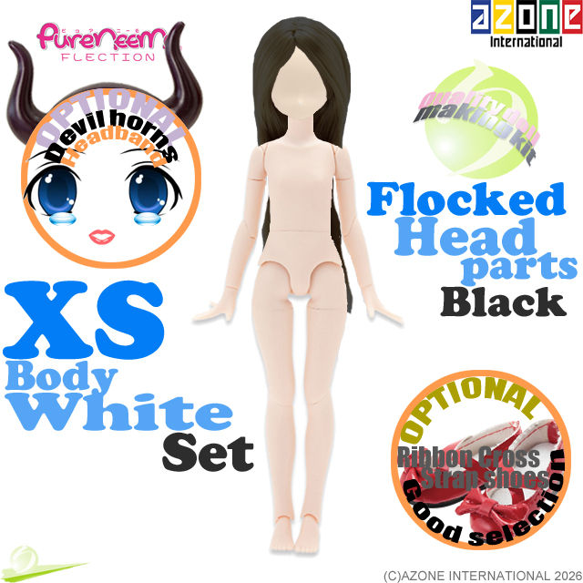 Azone 1/6 Pure Neemo Flection XS Body PFL051-WHT with PNH004-BLK head, white skin, full front view of assembled doll.