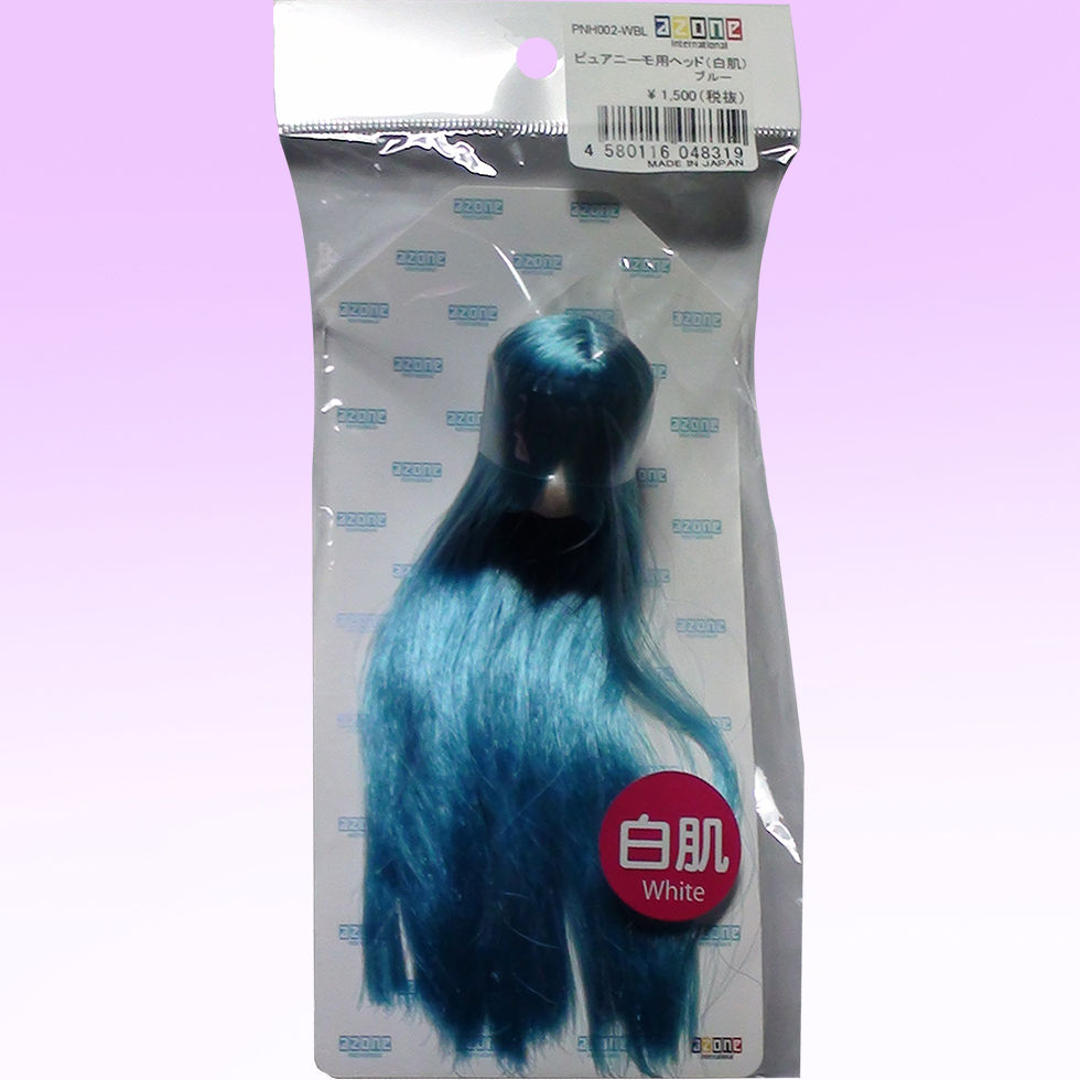 Photo of Azone PNH002-WBL flocked head for 1/6 Pure Neemo dolls, blue hair, packaged in a clear plastic bag.