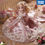 ภาพขนาดย่อ: Slight top-angled full-body view of Licca Photogenic Happy Birthday 2025 doll holding bouquet in rose-decorated mansion room.
