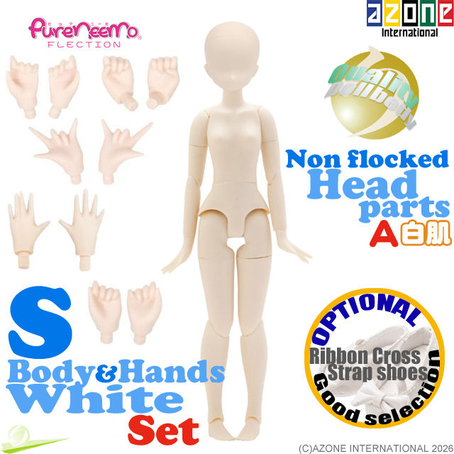 Full front view of AZONE Pure Neemo Flection S Girl Body PFL049-WHT with Non-Flocked Head Parts and PFL055-WHT Hands Set (A).
