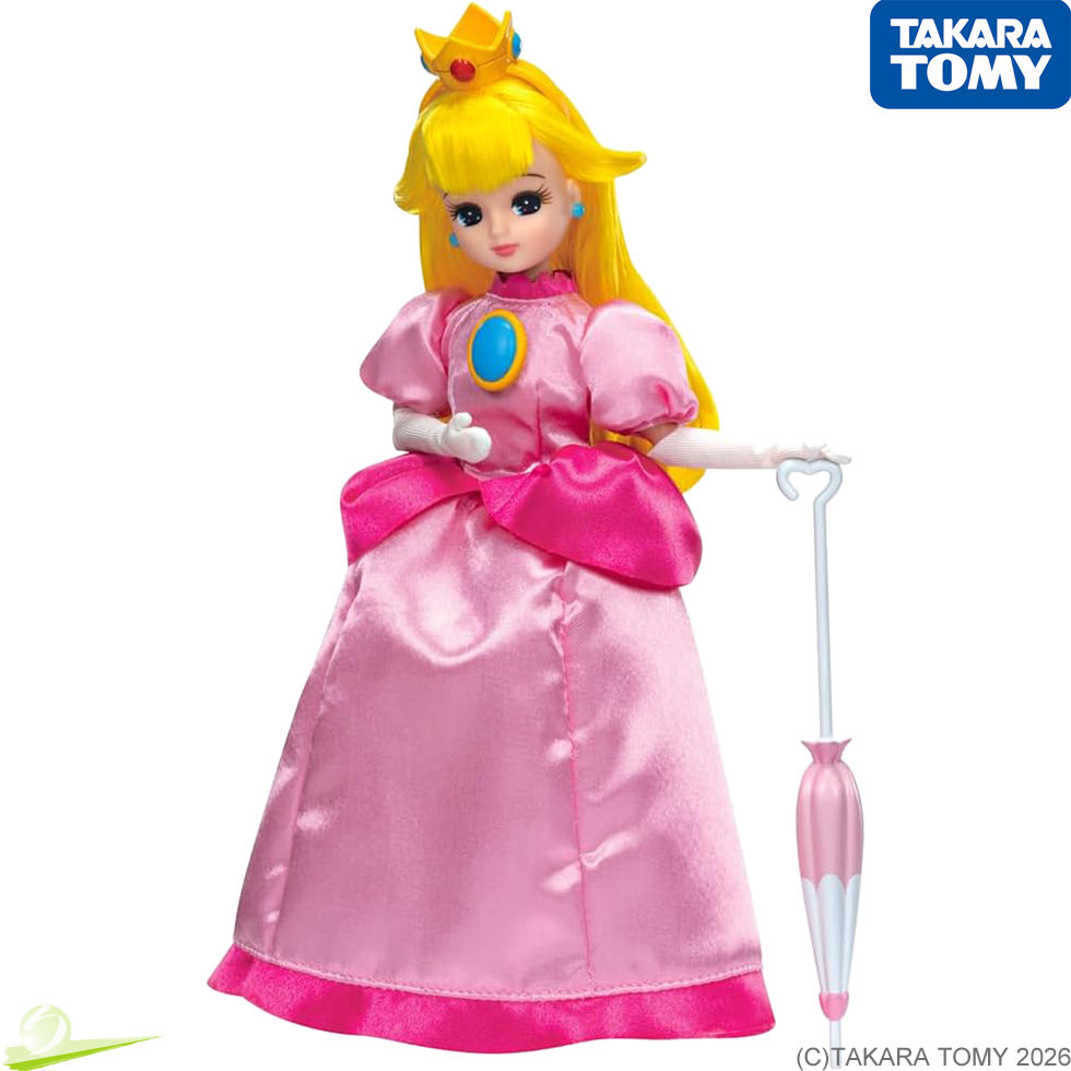 Miniaturbild: Slightly angled full-body view of Takara Tomy Licca-chan as Princess Peach, resting an umbrella on the floor at her side