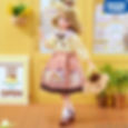 Angled full-body view of Licca-chan in Pom Pom Purin Café diorama, wearing a 30th anniversary outfit and holding a Purin bag.