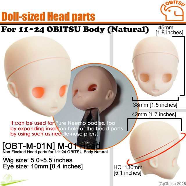 Miniatura: OBT-M-01N M-01 feature image - 2x2 grid layout with central circle, showcasing of Obitsu doll head through pictures and text.