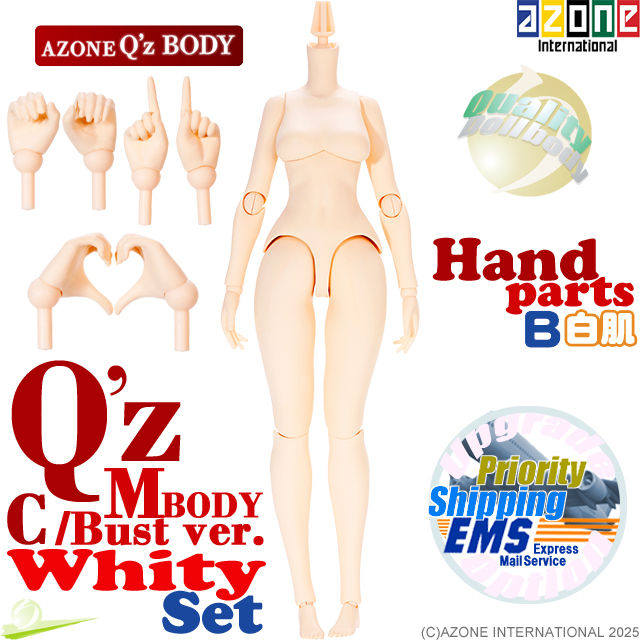 Azone Q'Z Body AOB016-WHT M size C bust 1/6 doll body with AOB020-WHT (B) Hand parts set, featuring front view & Logos.