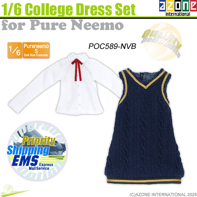 Front view of Azone 1/6 PNS POC589-NVB college dress set, showing a navy/black blouse and vest dress, with decorative logos.
