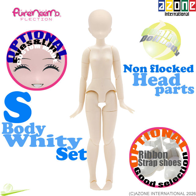 Full front view of AZONE Pure Neemo Flection S Girl Body PFL049-WHT with PNH007-WHT non-flocked head parts set.