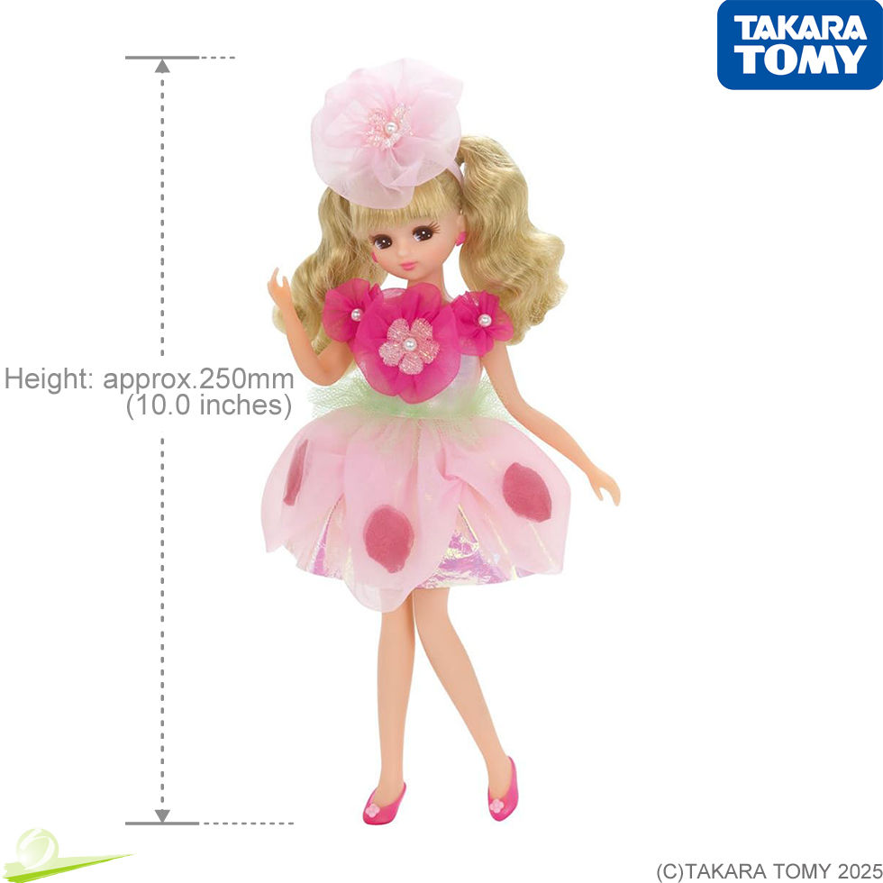 Miniatura: Full-body front view of Takara Tomy Licca-chan LD-06 Floral Fairy with one hand raised, shown with a height scale indicator.