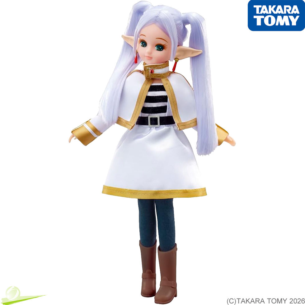 Miniature : Front full-body view of Licca-chan as Frieren, wearing pointed ears, earrings, boots and tights, with both hands raised.