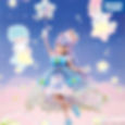 Angled full-body view of Licca-chan holding a Kiki & Lala balloon, with a starry sky background and printed overskirt dress.