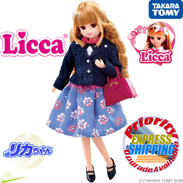 Front full-body view of Takara Tomy Licca-chan in an elegant floral skirt, lace blouse, collarless jacket, and pink handbag.