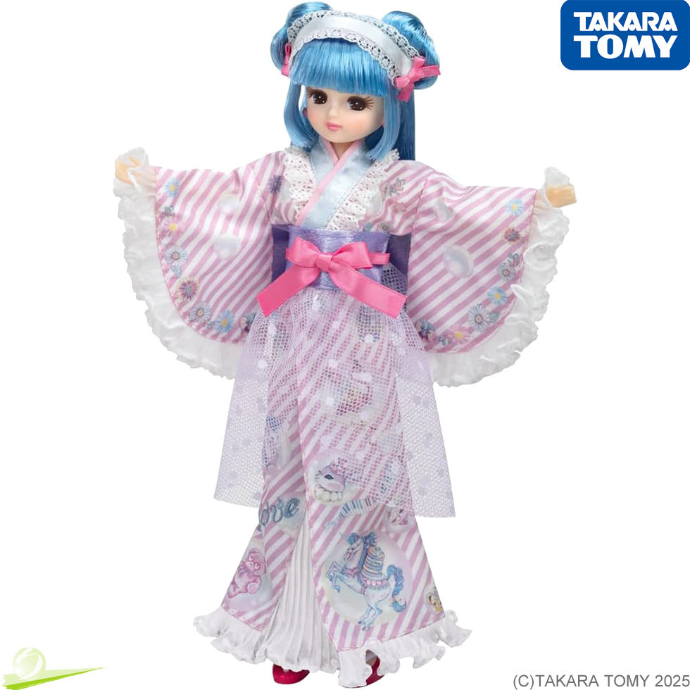 Miniatura: Front full-body view of Licca-chan LD-14 Econeco Yukata doll, arms raised to shoulder height level in cheerful pose.