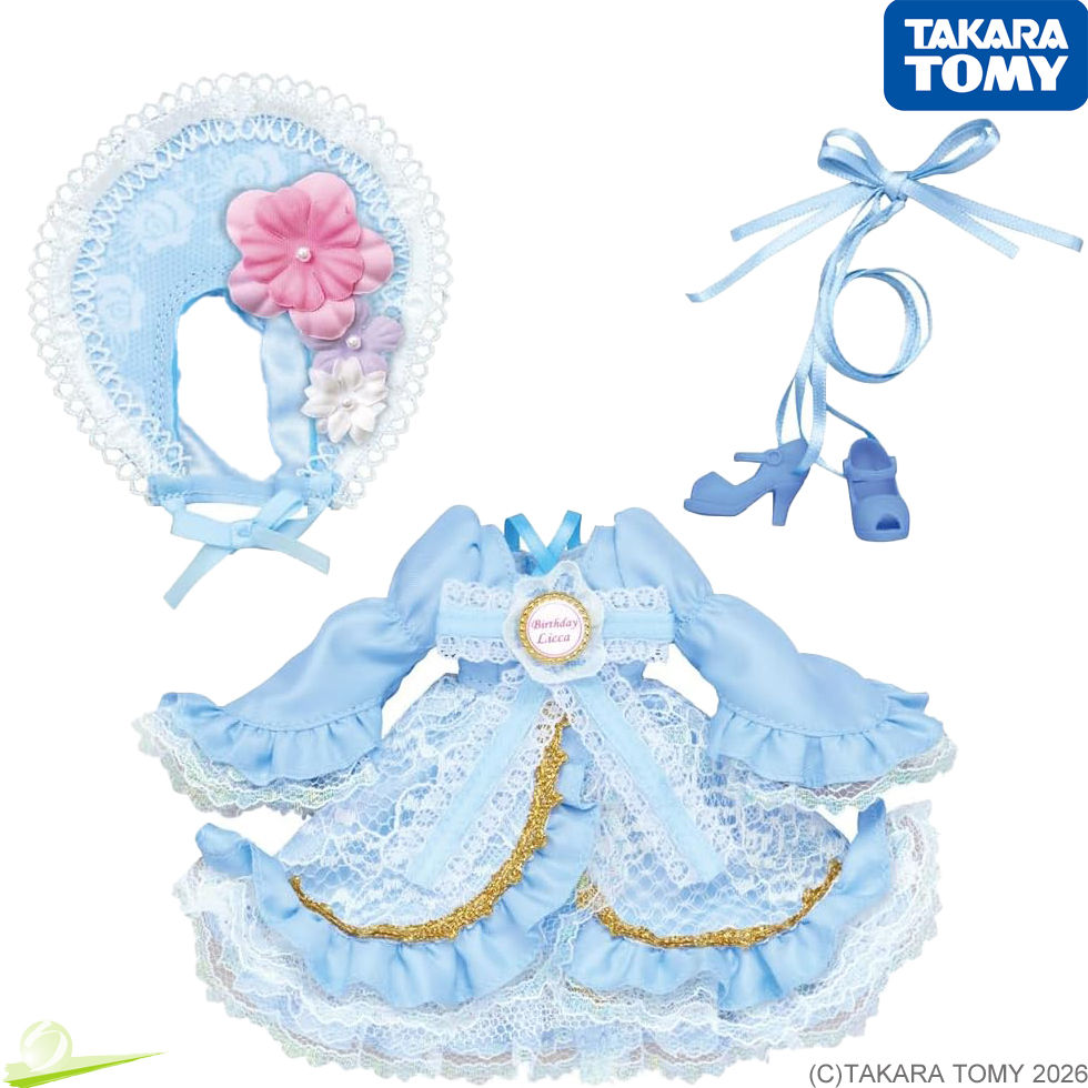 Miniaturbild: Flat lay of a light blue dress, large bonnet, ribbon shoes, and accessories included with the Happy Birthday LiccA doll set.
