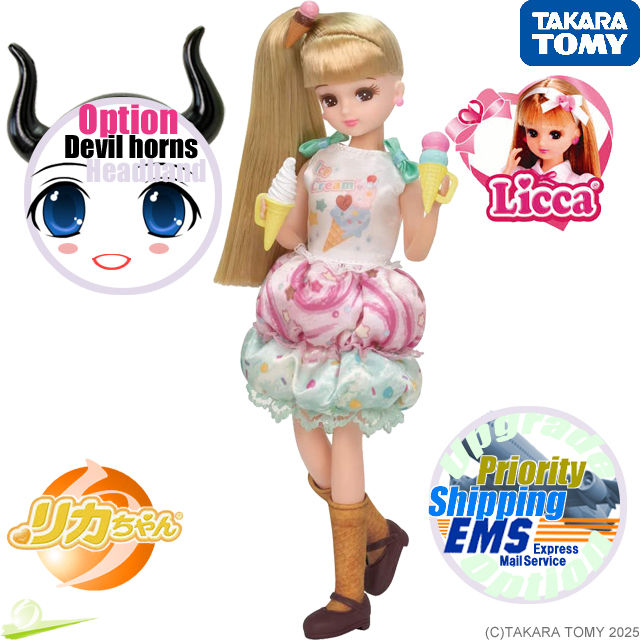 Full-body angled view of Licca LD-06 Pop'n Ice Cream holding cone ice creams in both hands, surrounded by decorative logos.